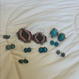 Turquoise Stone Silver-Tone Earrings — Southwestern Style